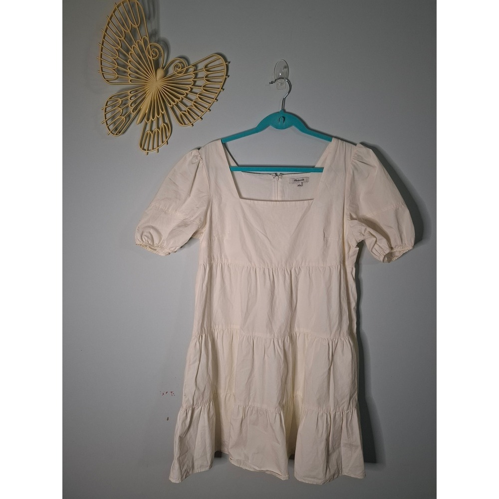 Madewell White Tiered Puff Sleeve Mini Dress Size 12 Bridal Bachelorette Wedding